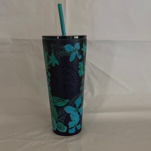 New Starbucks Navy and Teal Floral Tumbler